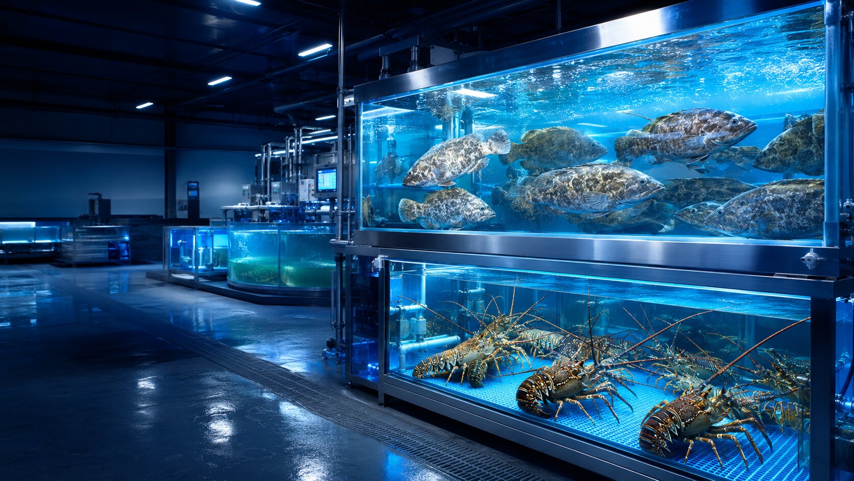 Live fish and spiny lobsters held in professional aquatic systems